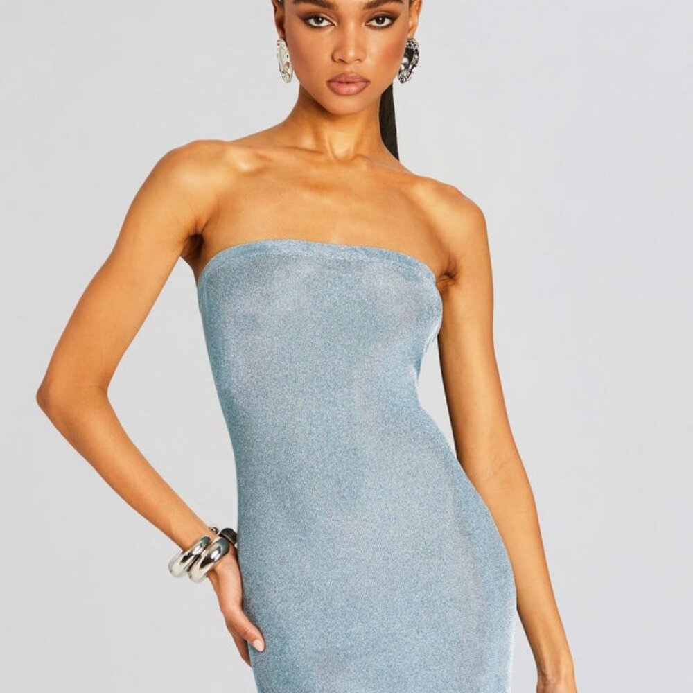 New SER.O.YA Narissa Metallic Knit Maxi Dress Sky Blue metallic, sheer strapless - Picture 3 of 10